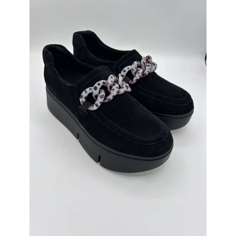Naked Feet Princeton Suede Platform Loafers Black Women's Sz. 9 Chunky Chain